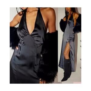 Free People Dance Till Dawn Black Satin High Slit Plunge Halter Maxi Dress M NWT